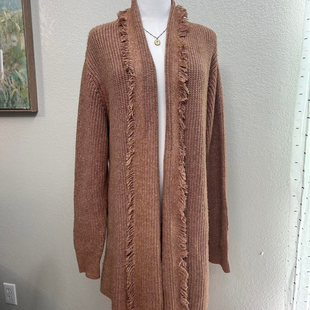 Elie Tahari Brown Fringe Trim Belted Cardigan Sweater‎ - Size 2X